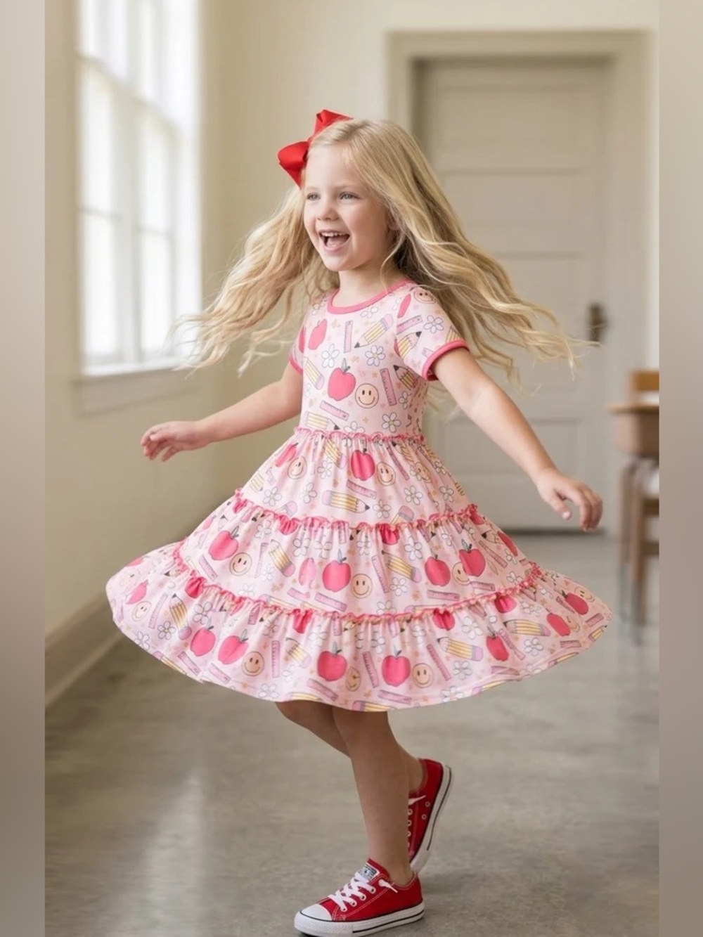 Girls Back to School twirl dress NWT Short sleeve Pink Apple school theme outfit